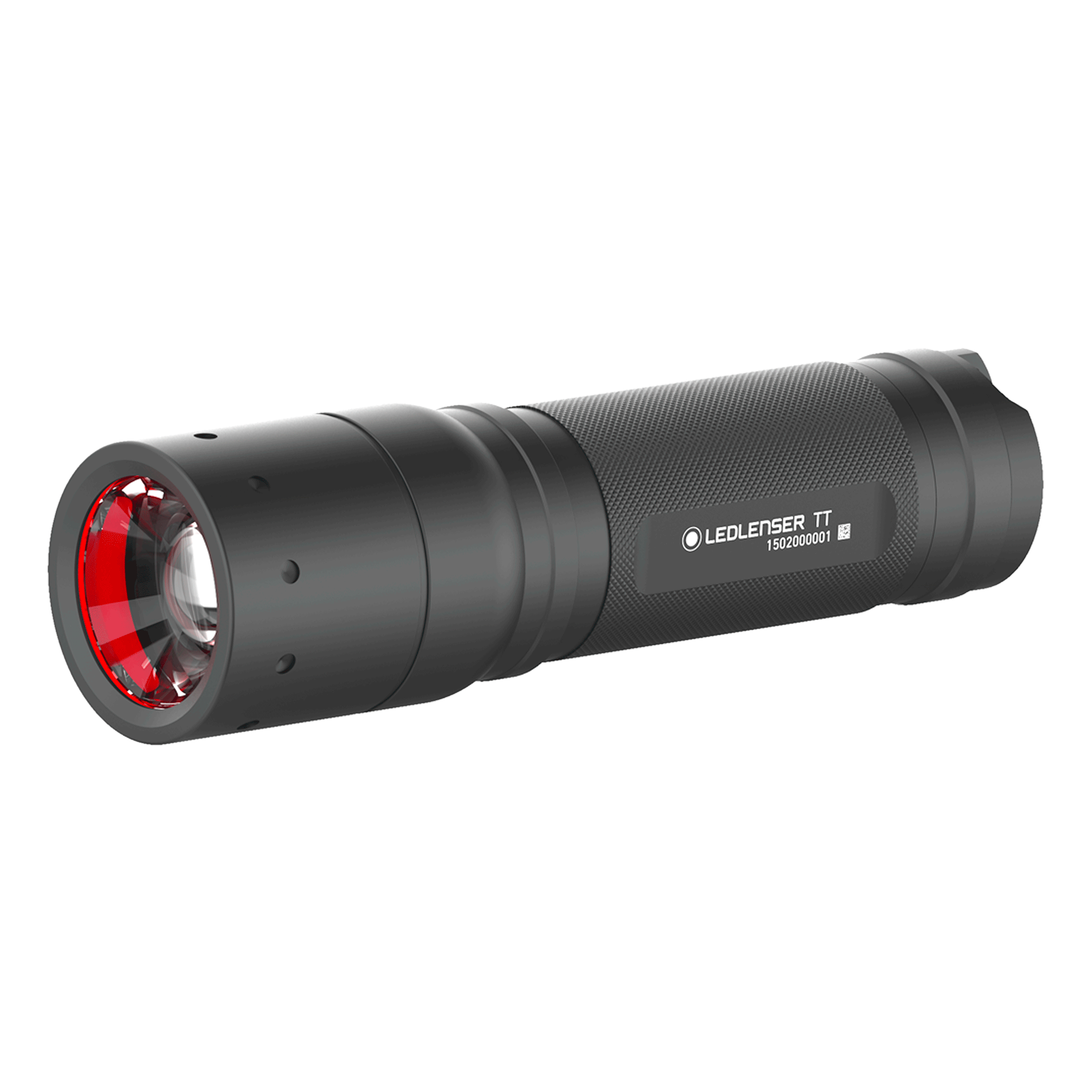 Tac Torch by Ledlenser compact black handheld tactical torch with knurled grip and red bezel angled view