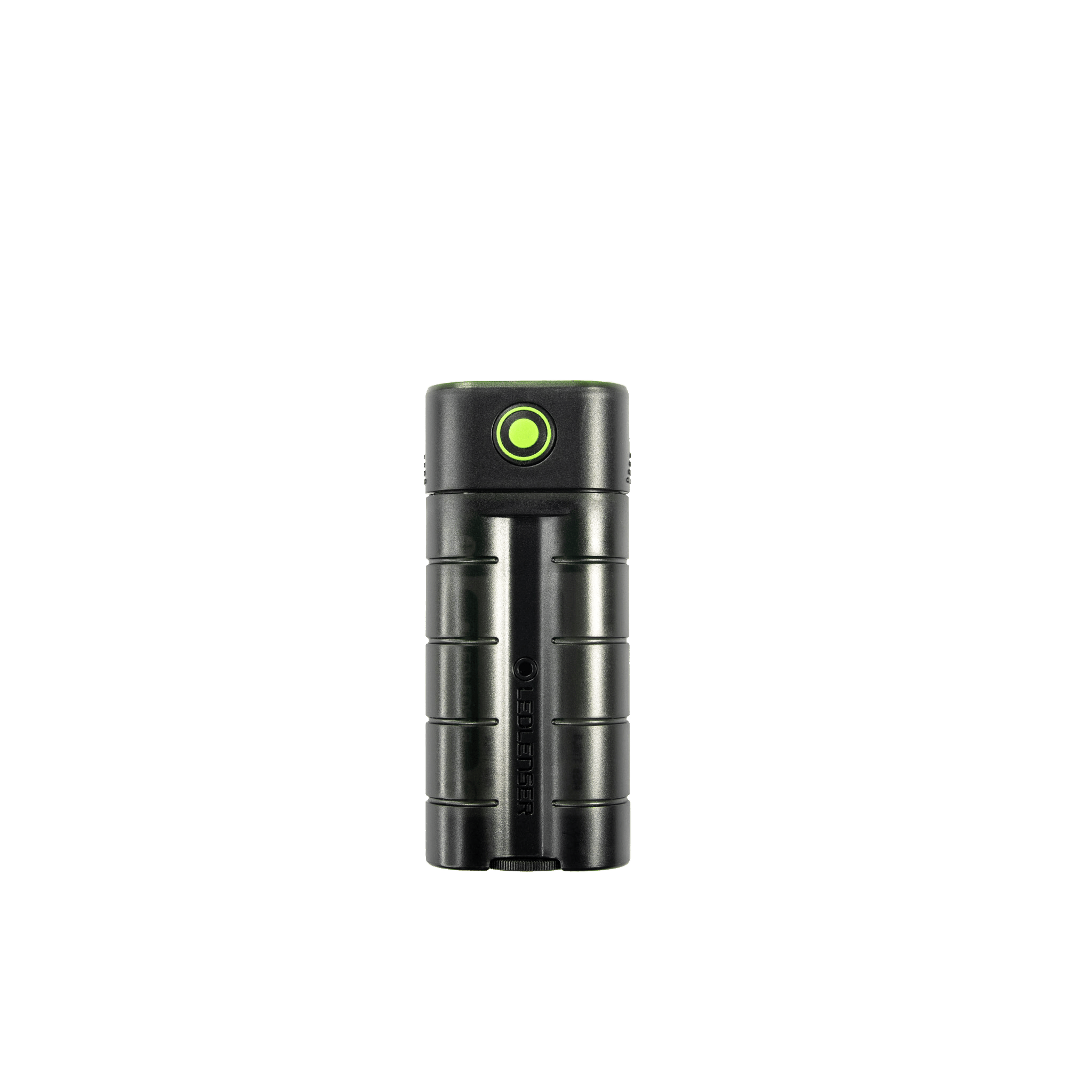 Ledlenser Flex7 Powerbank compact black cylindrical portable charger with lime green circular power button upright view