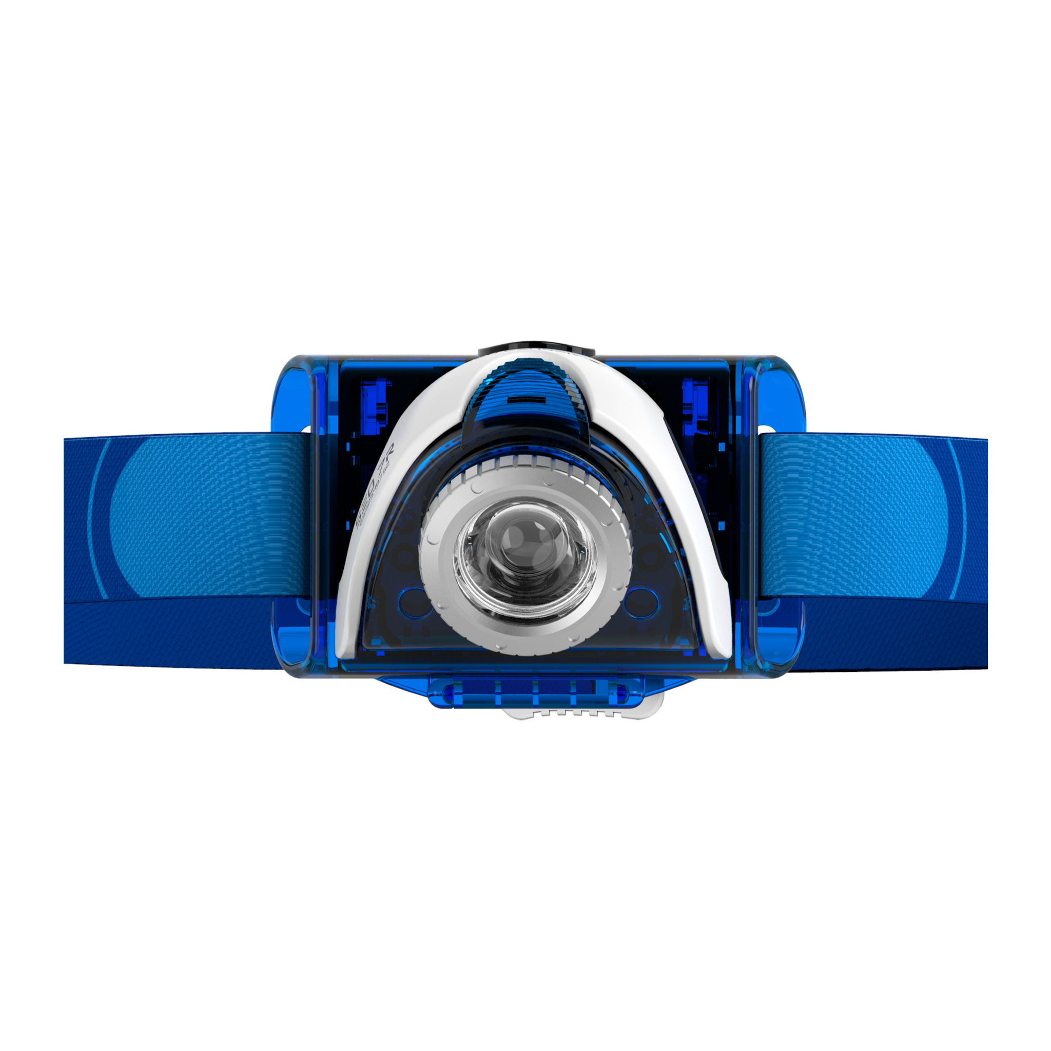 Ledlenser SEO7R Headlamp with blue adjustable headband front view showing the rechargeable headlamp housing and central lens