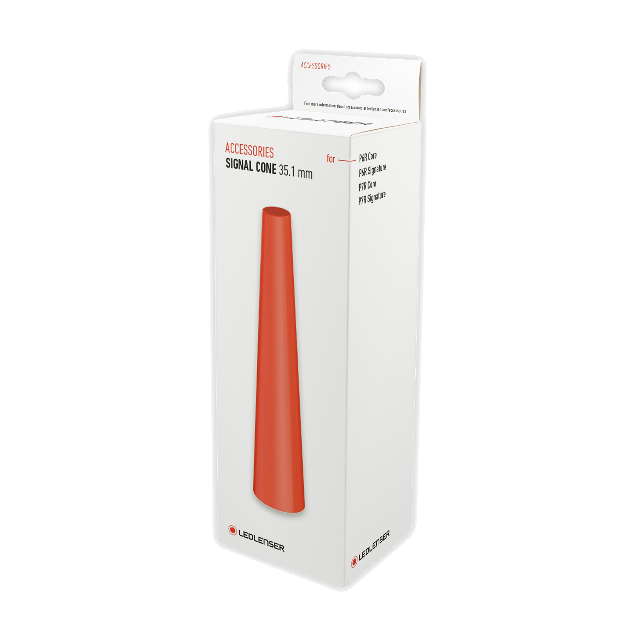 Ledlenser Signal Cone 35 1mm accessory packaging featuring an orange signal cone for P6R Core P6R Signature P7R Core and P7R Signature torches