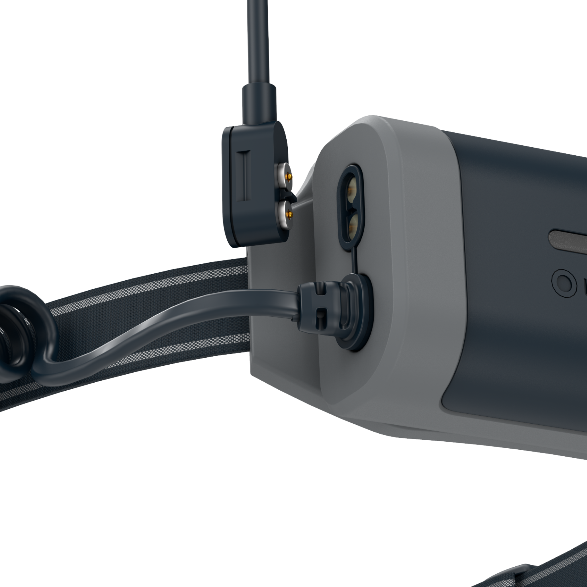 NEO5R Running Headlamp in side view with head strap mounting hinge and attached cable dark blue gray housing