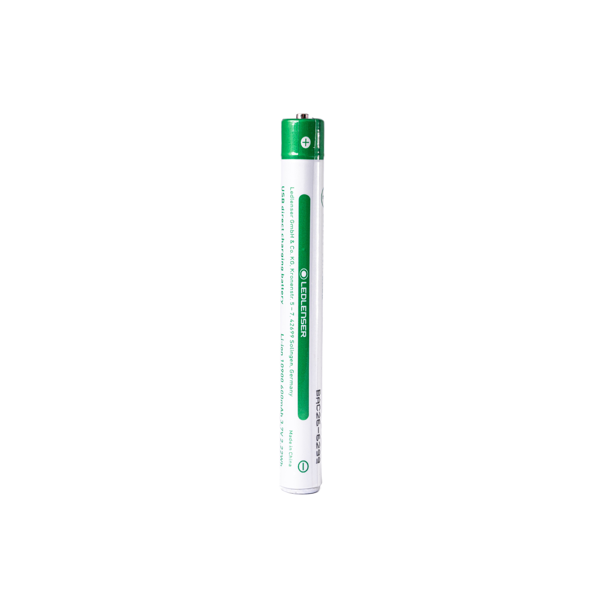 USB Direct Charging Battery Li ion 10900 a white cylindrical Ledlenser battery with a green label shown upright against a white background