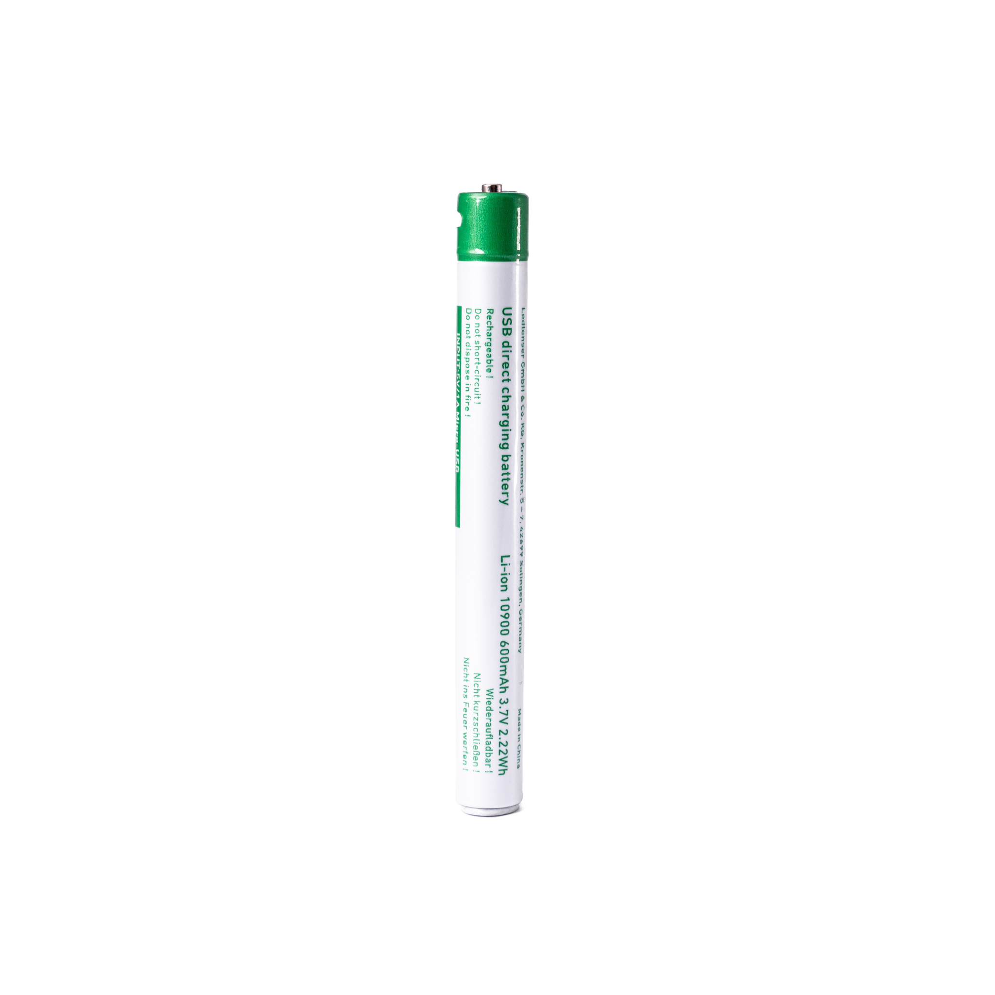 USB Direct Charging Battery Li ion 10900 white cylindrical battery with green top shown upright