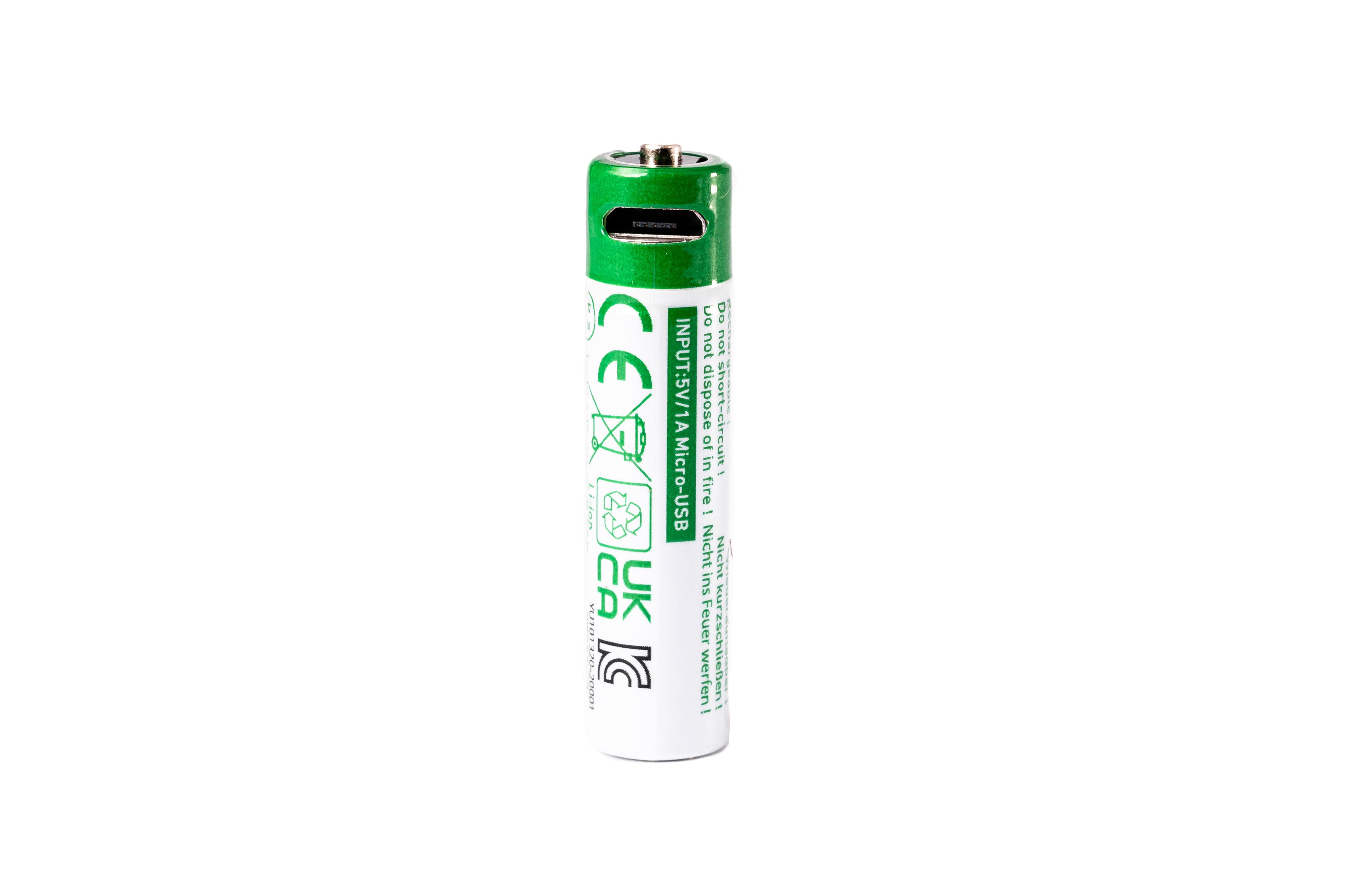 Ledlenser USB Direct Charging Battery Li ion for P2R Core cylindrical battery with green top and white label detailing warnings and specs