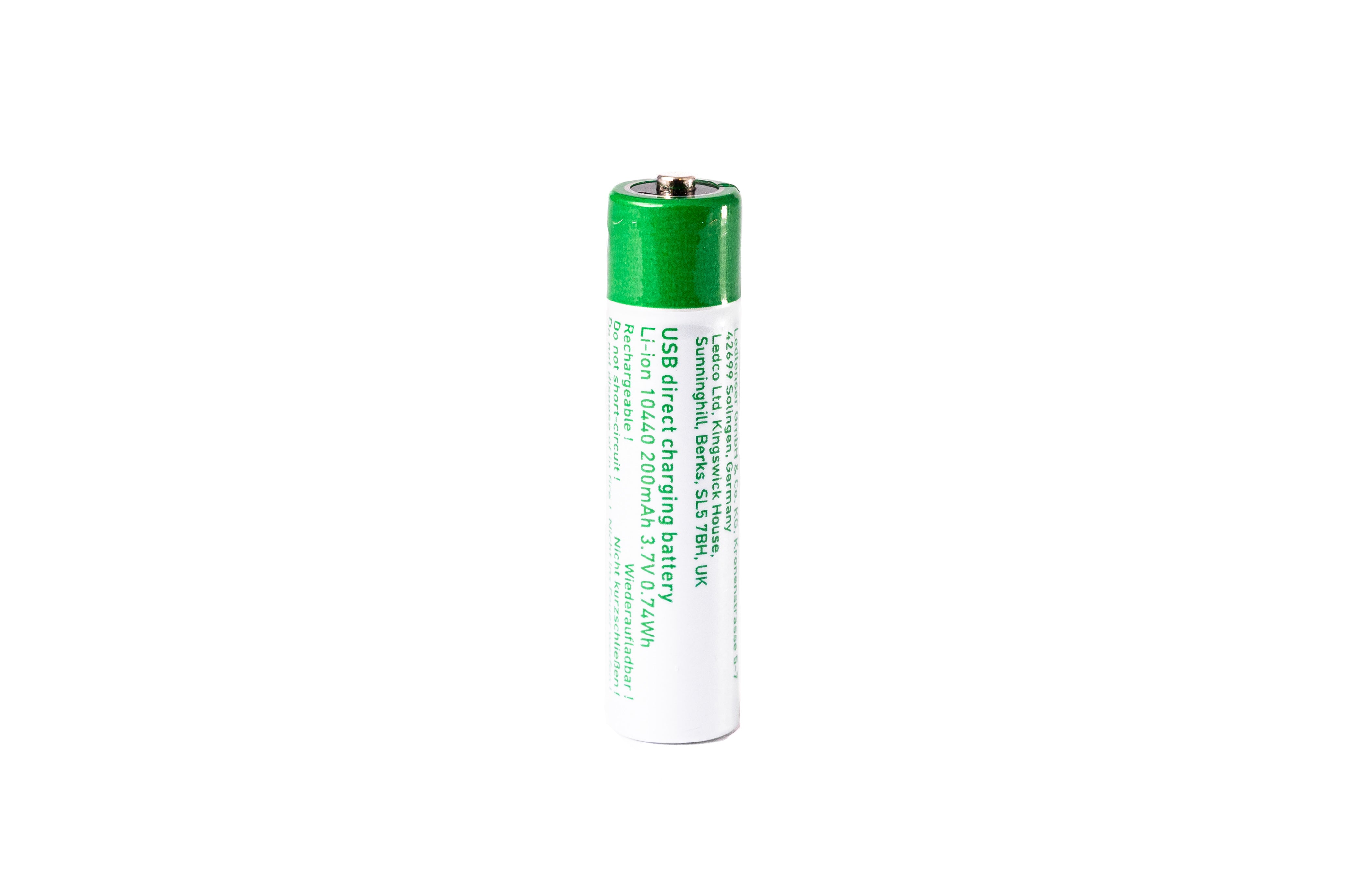 USB Direct Charging Battery Li ion for P2R Core a green capped cylindrical battery with white body and green text