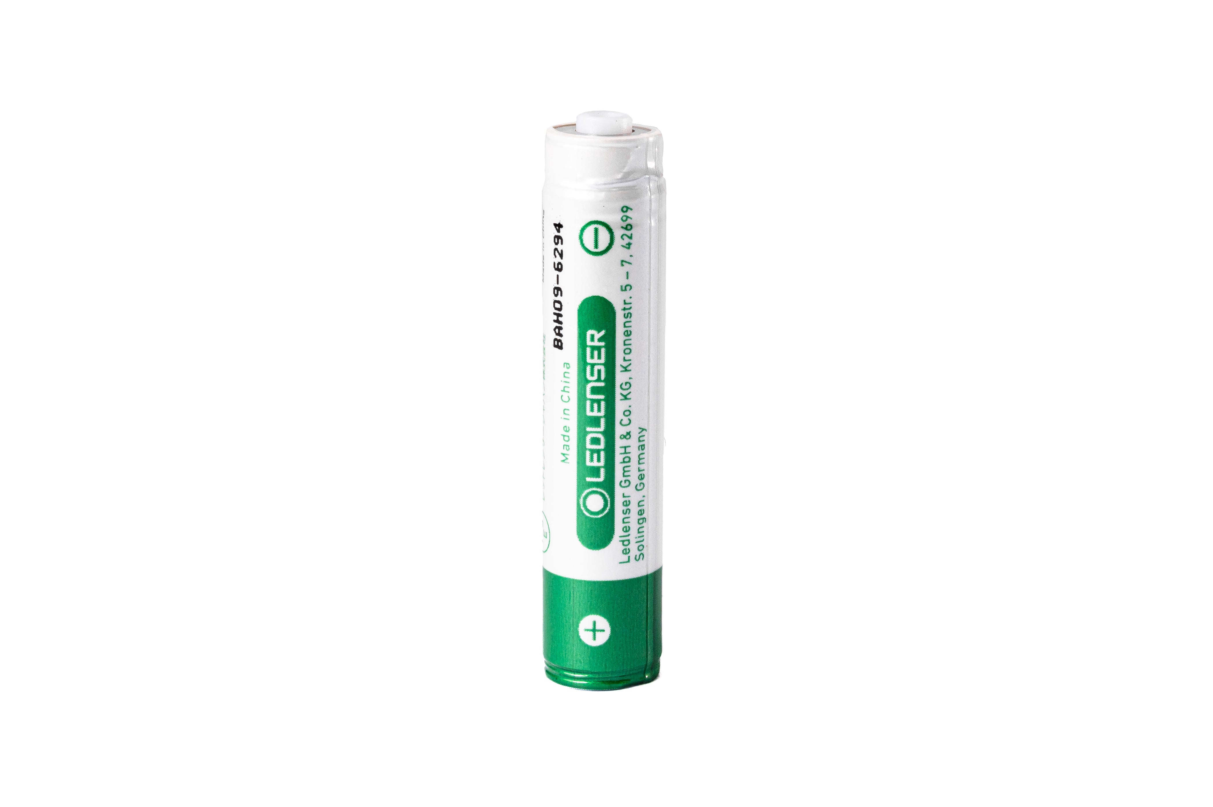 Rechargeable Battery Li ion for P2R Work white cylinder with green Ledlenser label and positive terminal