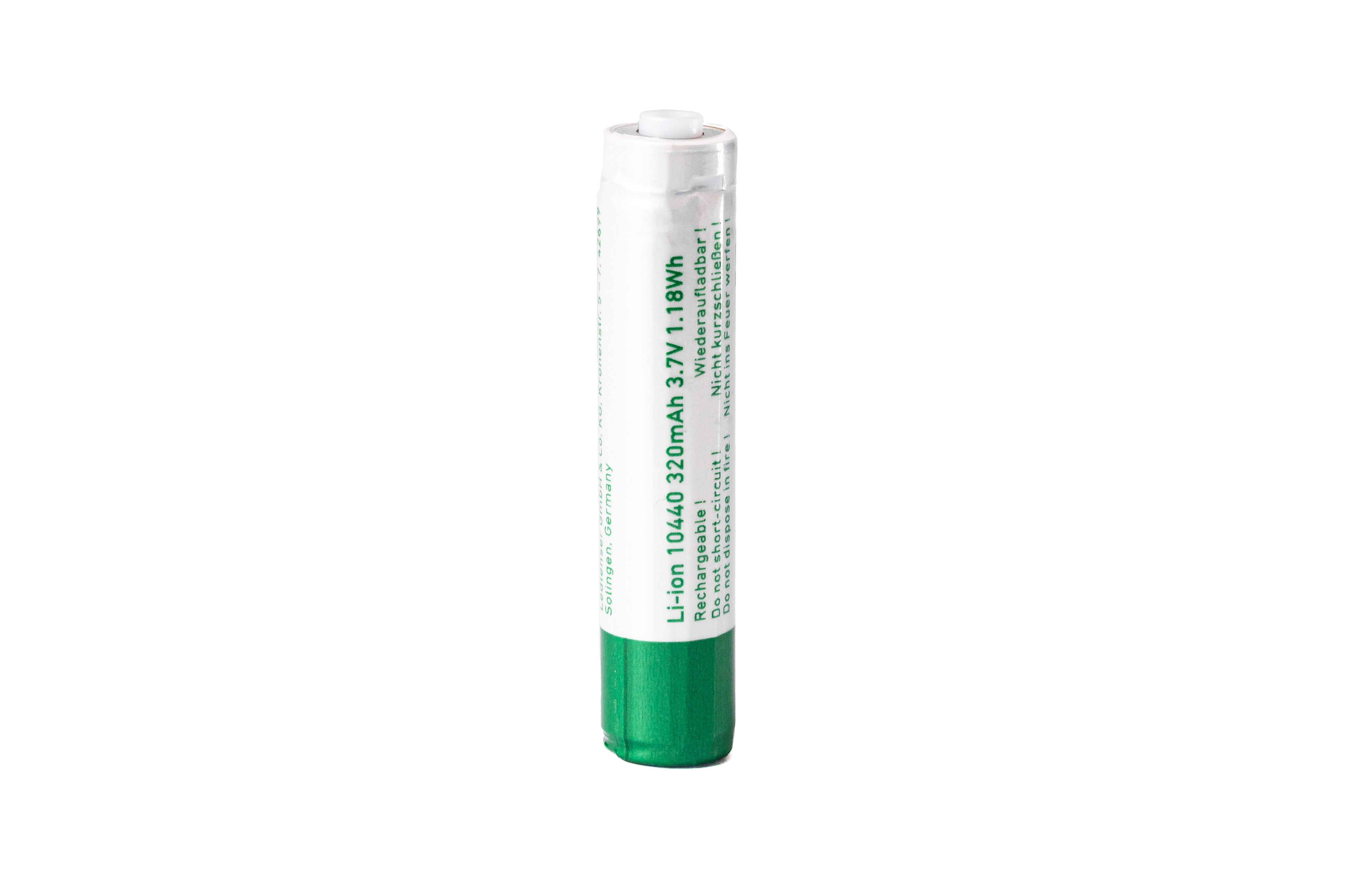 Rechargeable Battery Li ion for P2R Work white cylindrical battery with green base shown upright