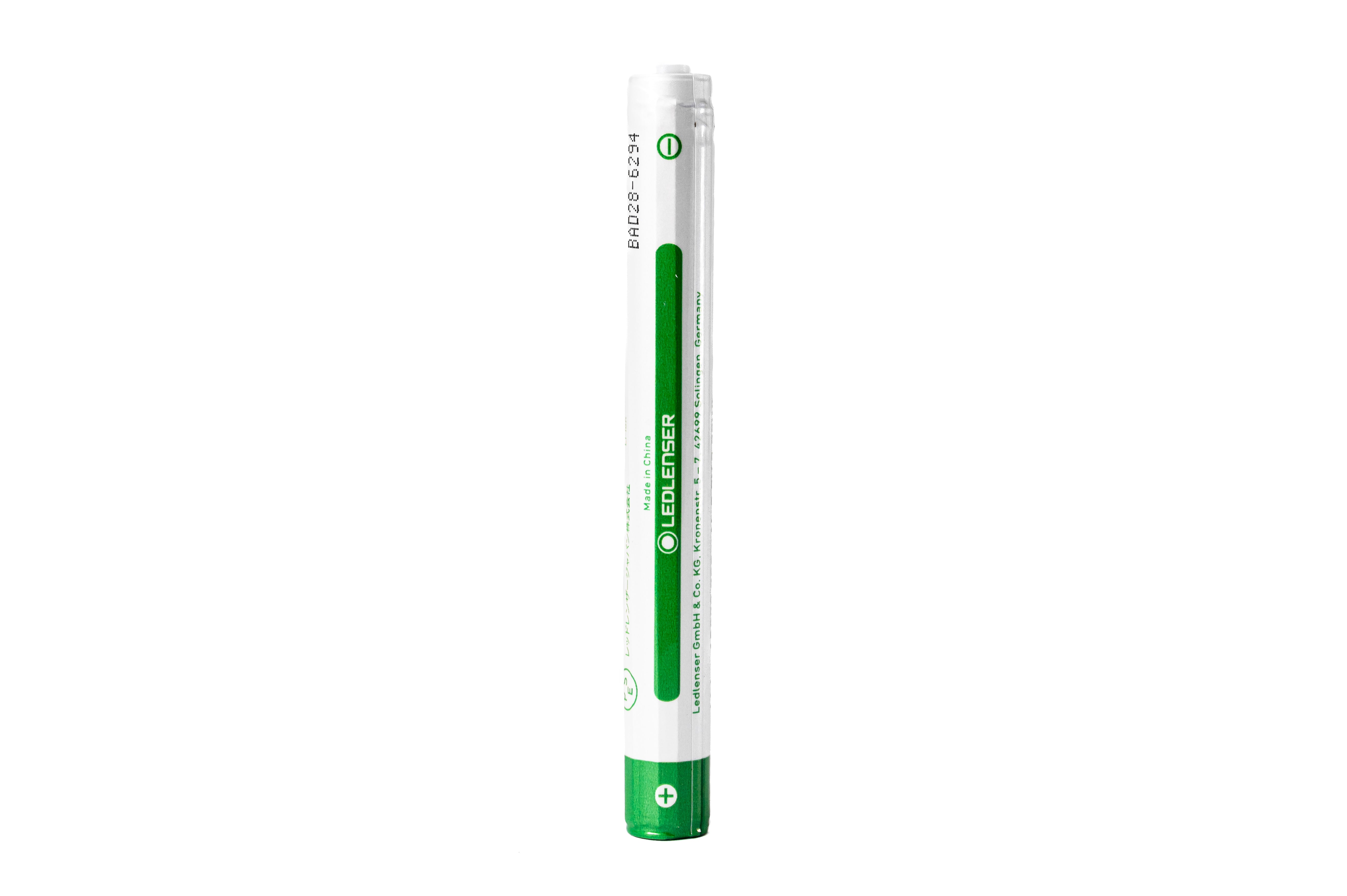 Rechargeable Battery Li ion 10870 white cylindrical battery with green branding stripe and Ledlenser logo upright orientation