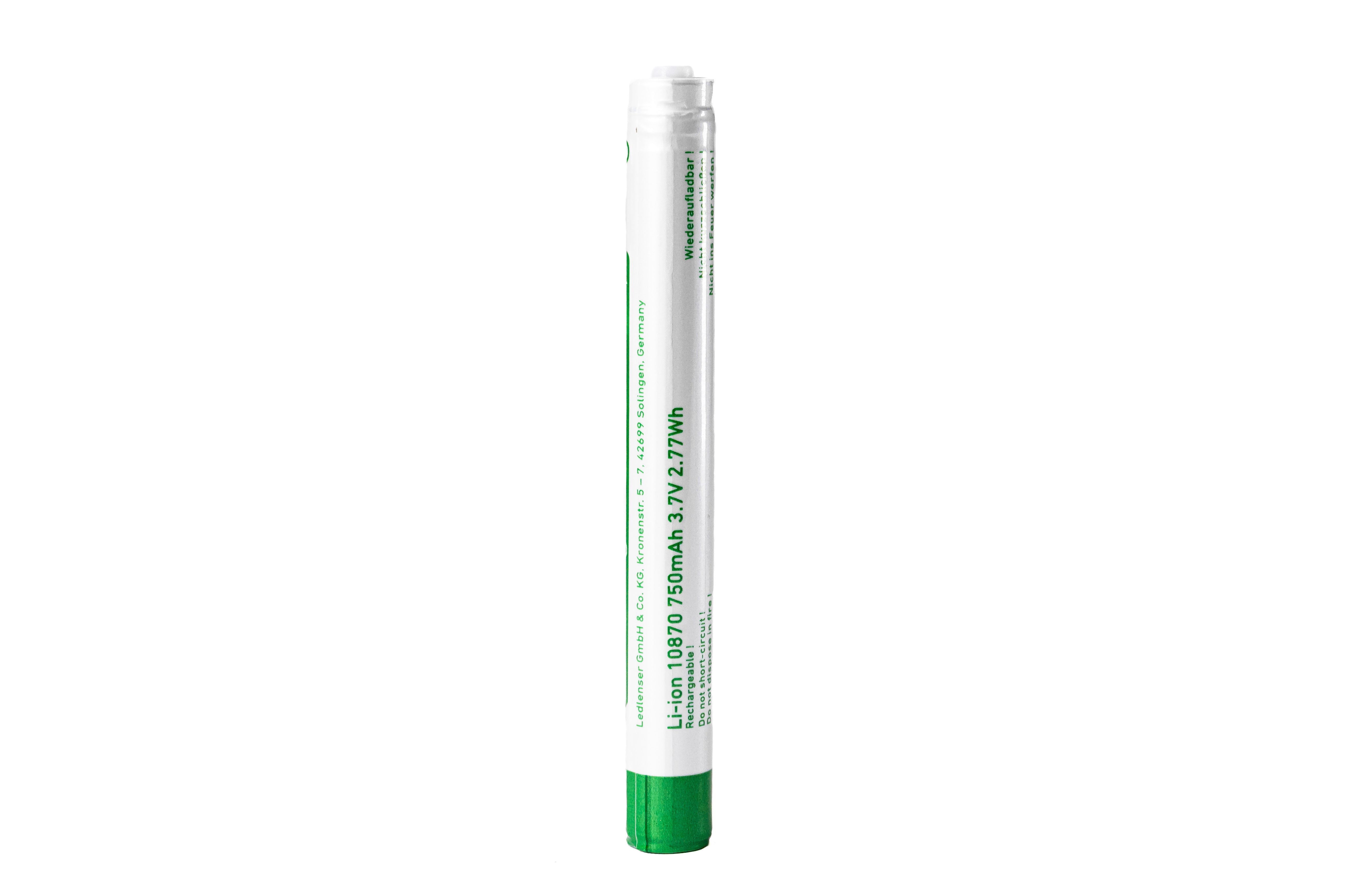 Rechargeable Battery Li ion 10870 by Ledlenser white cylindrical Li ion battery with green end cap vertical orientation