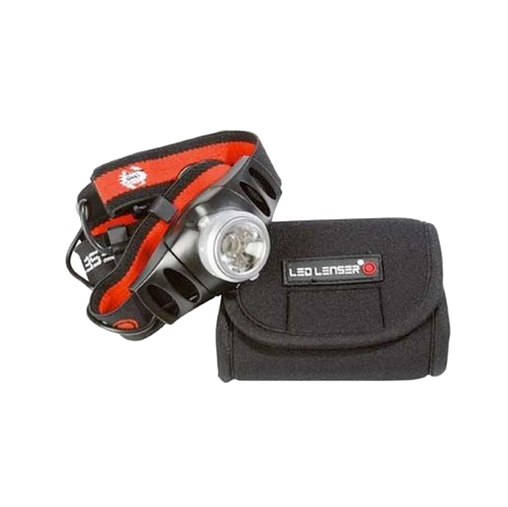 Ledlenser H5 Battery Operated Headlamp with red and black head strap and protective carrying case