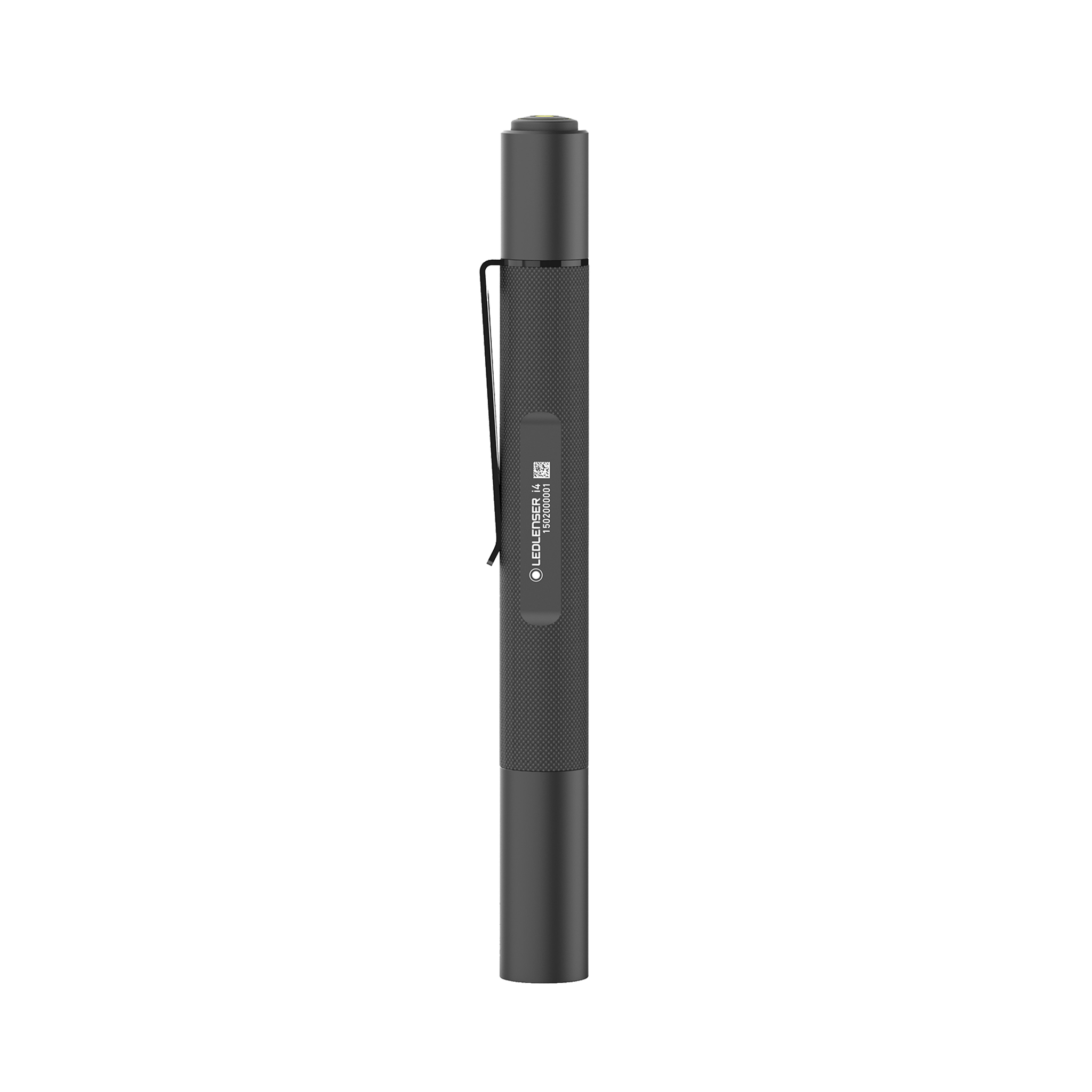 Ledlenser i4 Torch black compact handheld flashlight with textured grip and pocket clip upright orientation