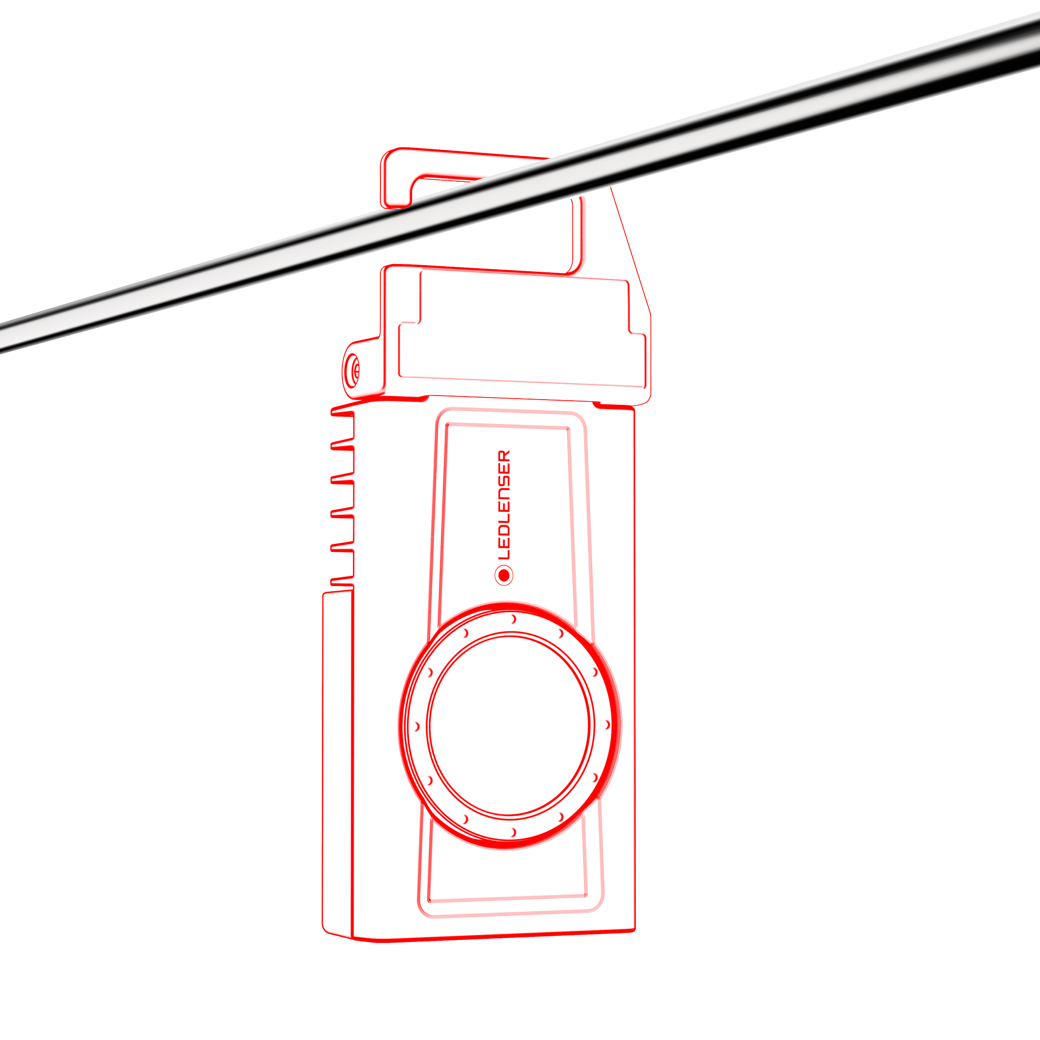 Ledlenser iF3R Spotlight outline drawing of a compact rechargeable handheld spotlight with a circular lens and mounting hook bracelet attachment