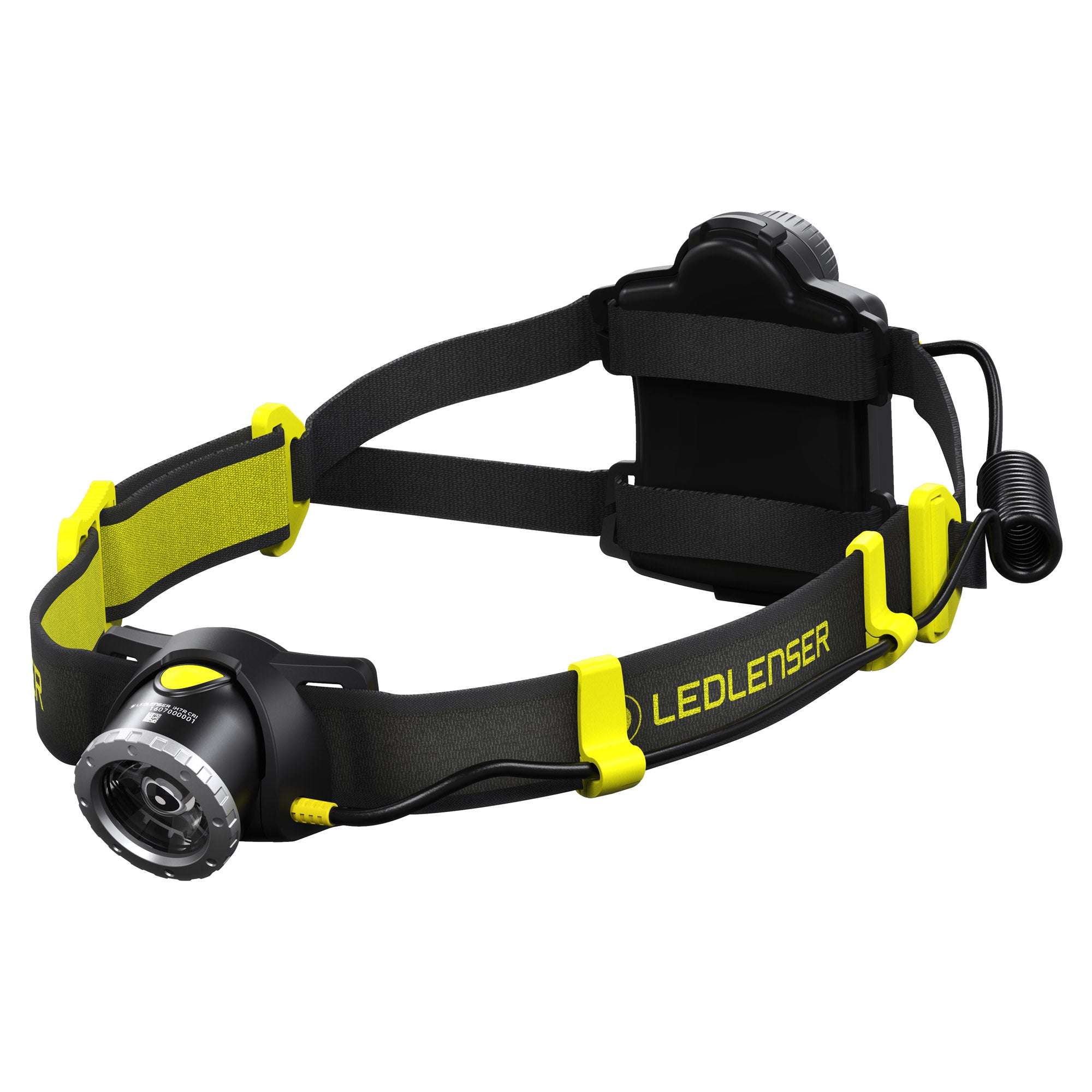 Ledlenser iH7R CRI headlamp with adjustable head strap and rear battery pack black with yellow accents