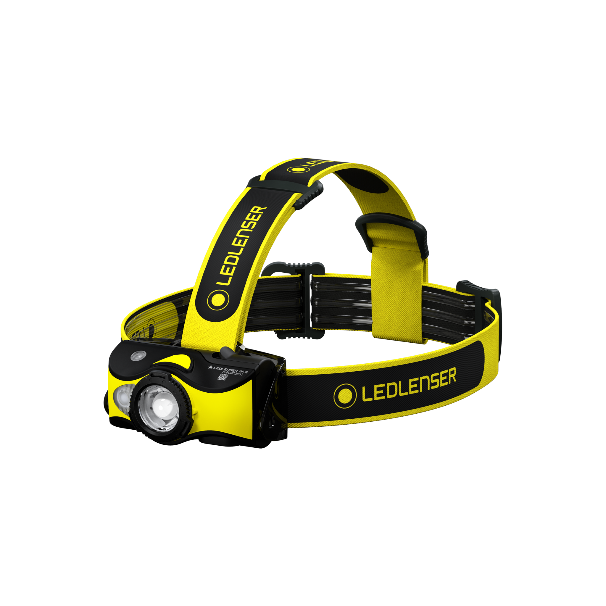 Ledlenser iH9R Headlamp worn on head with yellow and black adjustable headband and front light