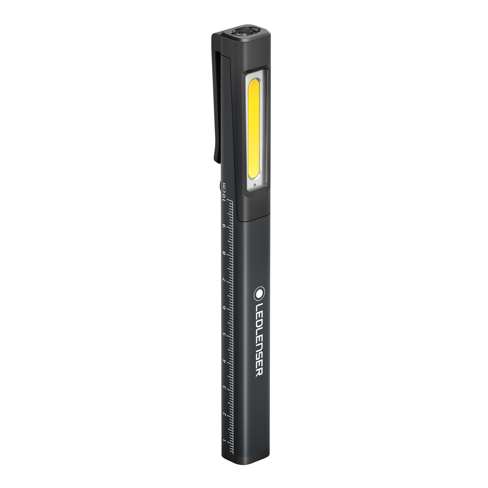 Ledlenser iW2R Work Light in black pen style handheld with yellow LED panel shown vertically with pocket clip