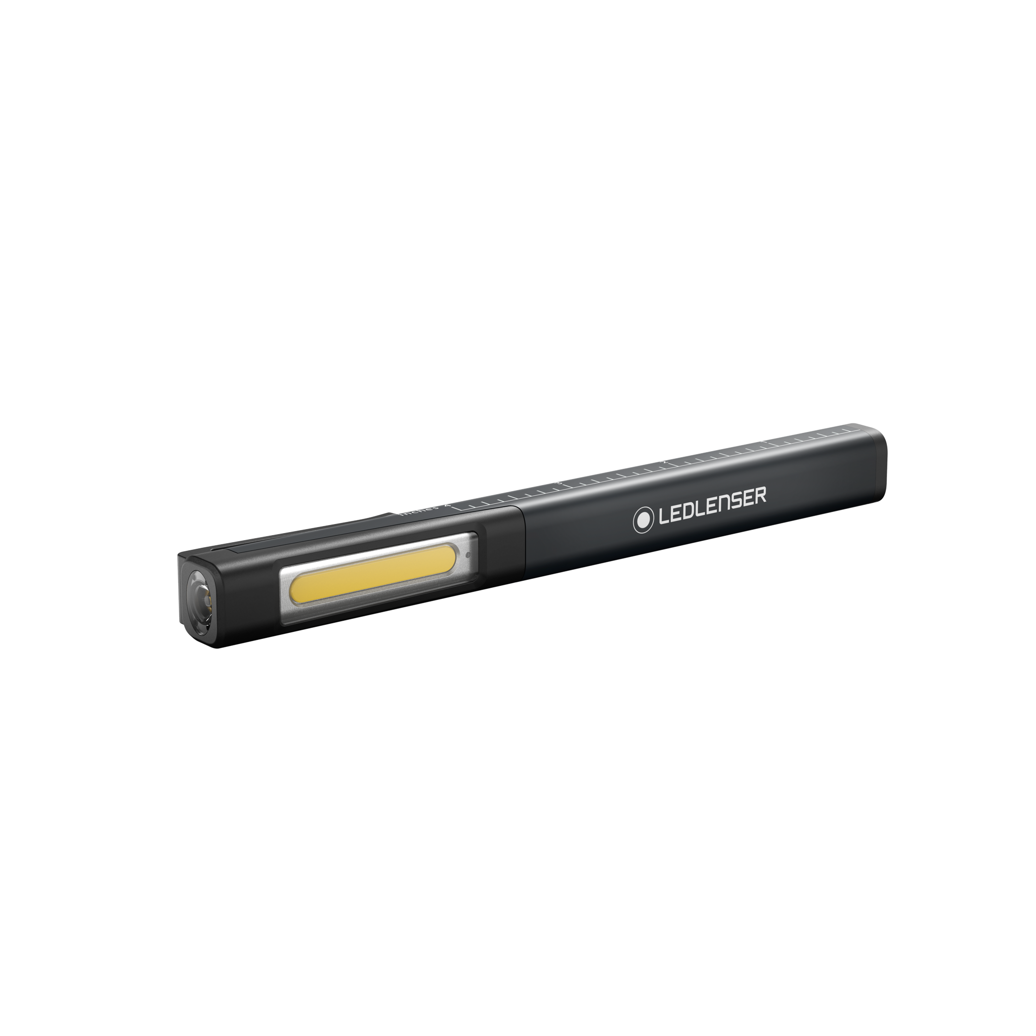 Ledlenser iW2R Work Light mounted on a wall in profile view black metal housing with a yellow LED panel