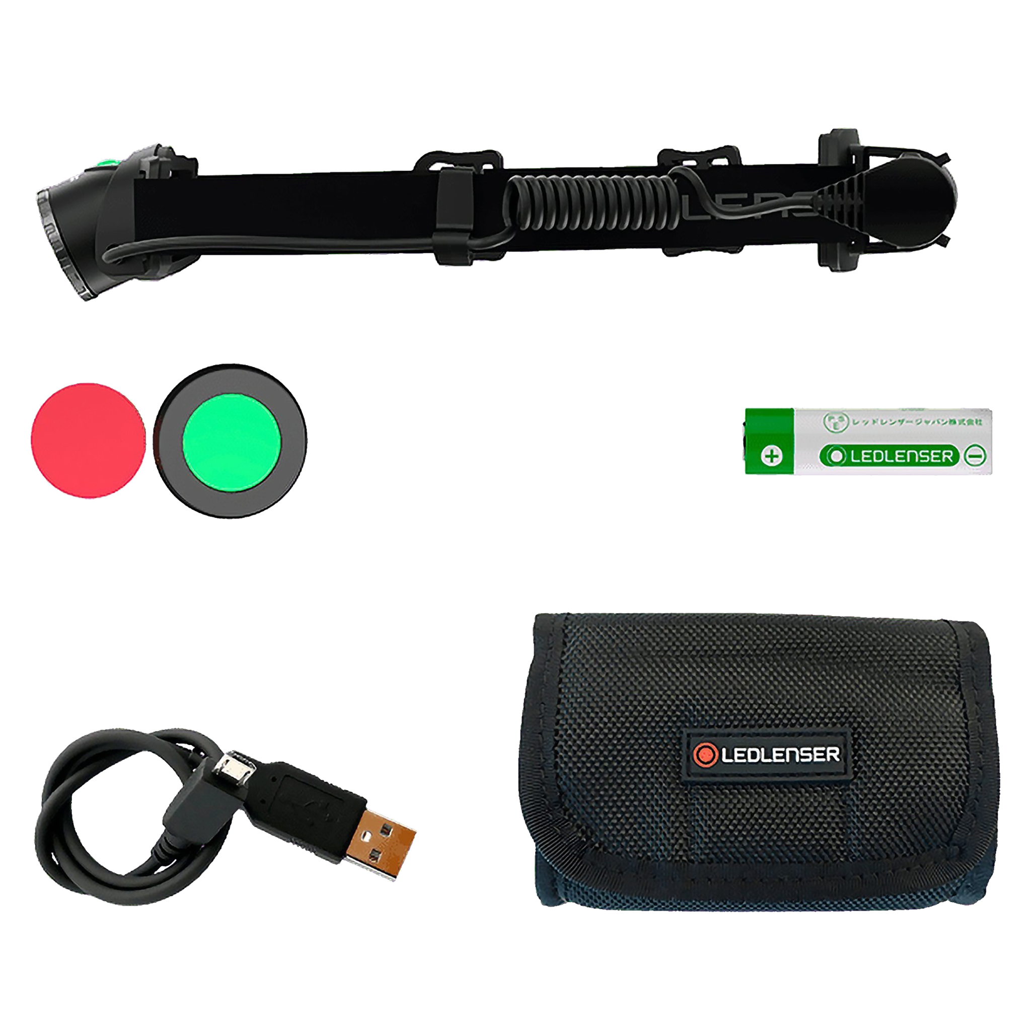 MH10 Headlamp by Ledlenser with rechargeable battery pack adjustable head strap red and green lens caps USB charging cable and carrying pouch