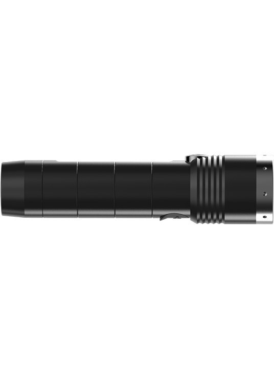 Ledlenser MT10 Torch side profile of black handheld flashlight with textured grip and barrel details