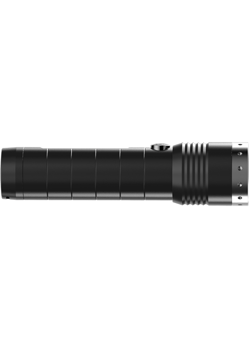 MT14 Torch viewed in side profile black aluminium body with grip segments and silver tail end