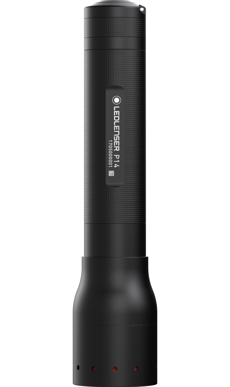 Ledlenser P14 Battery Operated Torch shown in vertical view; black textured body with a rounded base and visible product label along the side