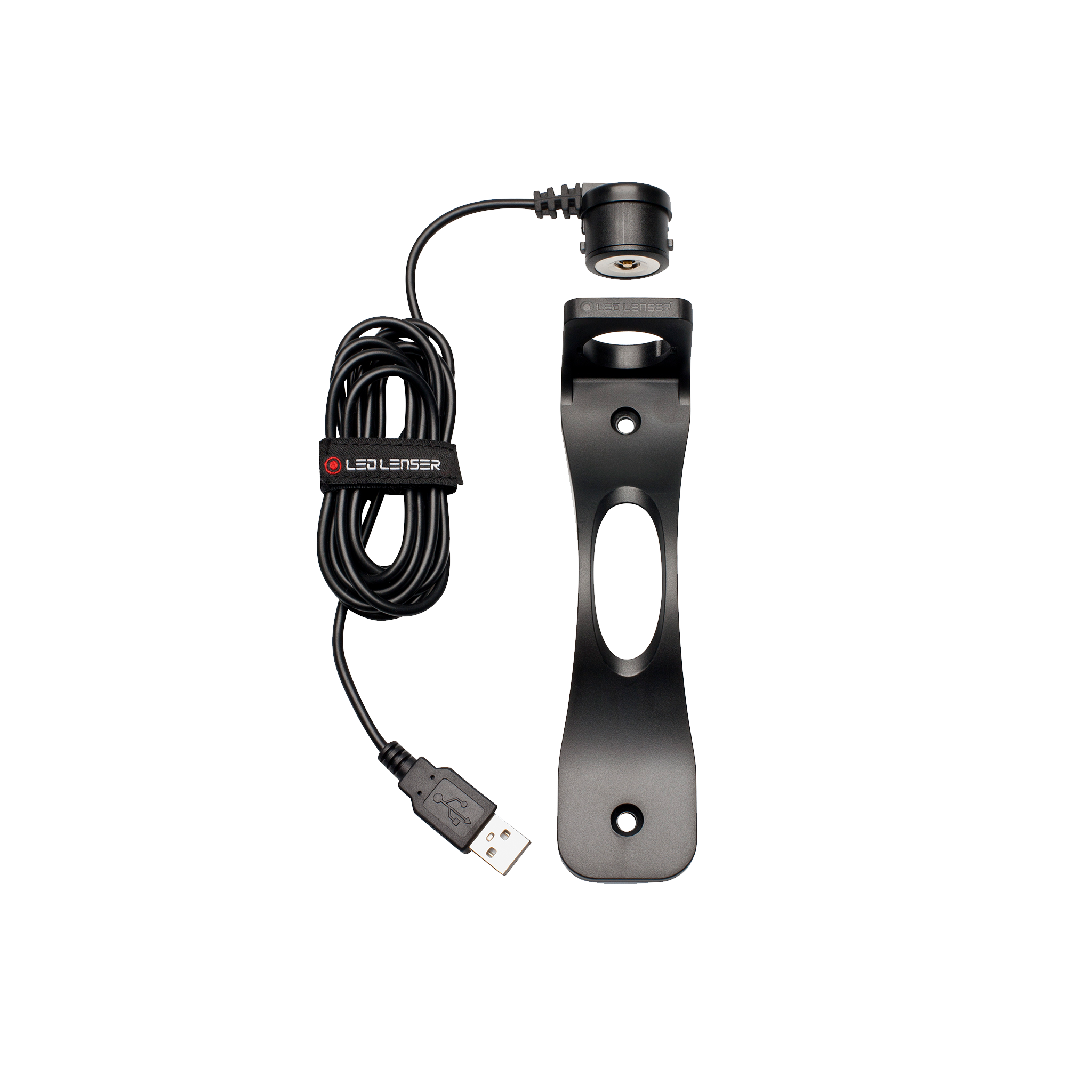 Ledlenser P5R Floating Charge System wall mountable with USB charging cable and charging puck mounted on bracket