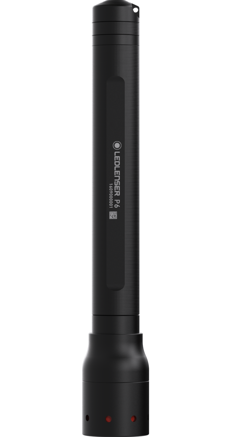 Ledlenser P6 torch shown upright; black cylindrical flashlight with textured grip and base cap branding visible