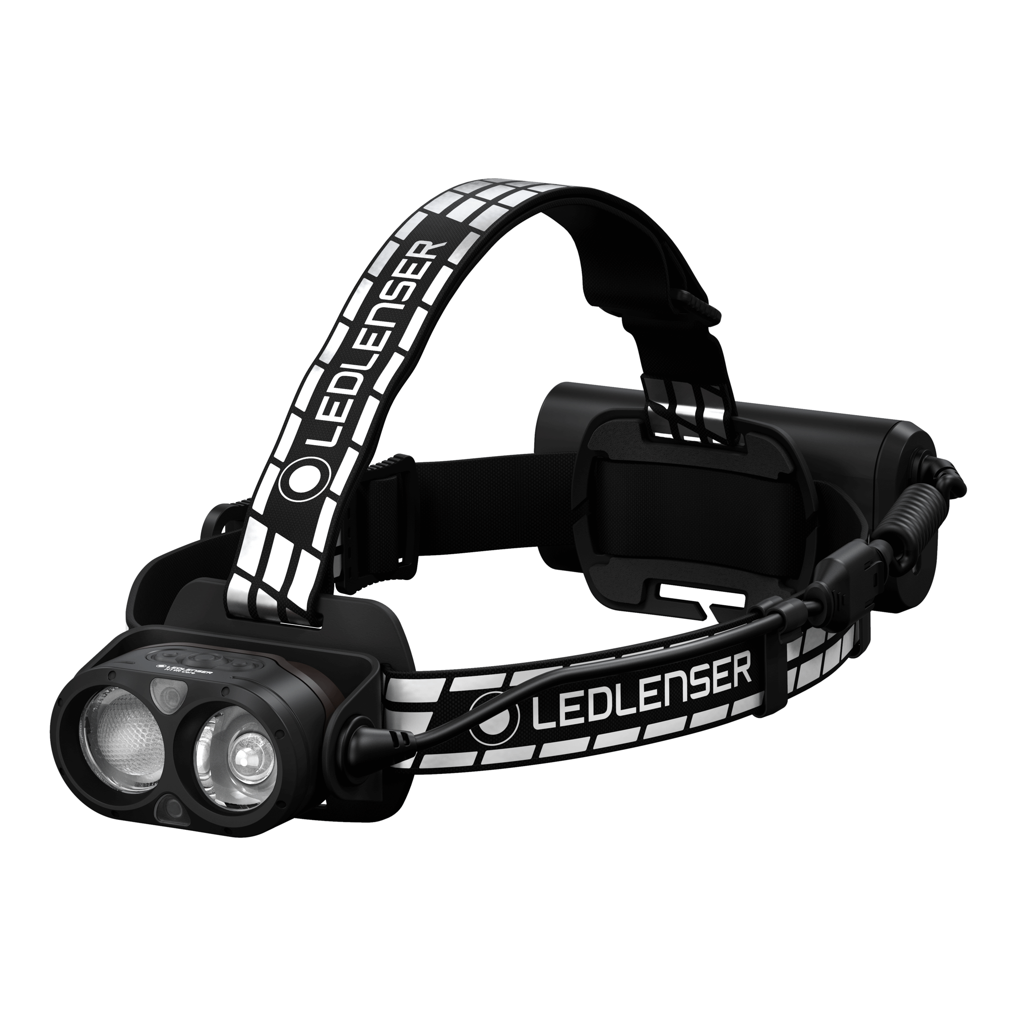 H19R Signature Headlamp black headlamp with dual LED modules mounted on an adjustable branded Ledlenser head strap