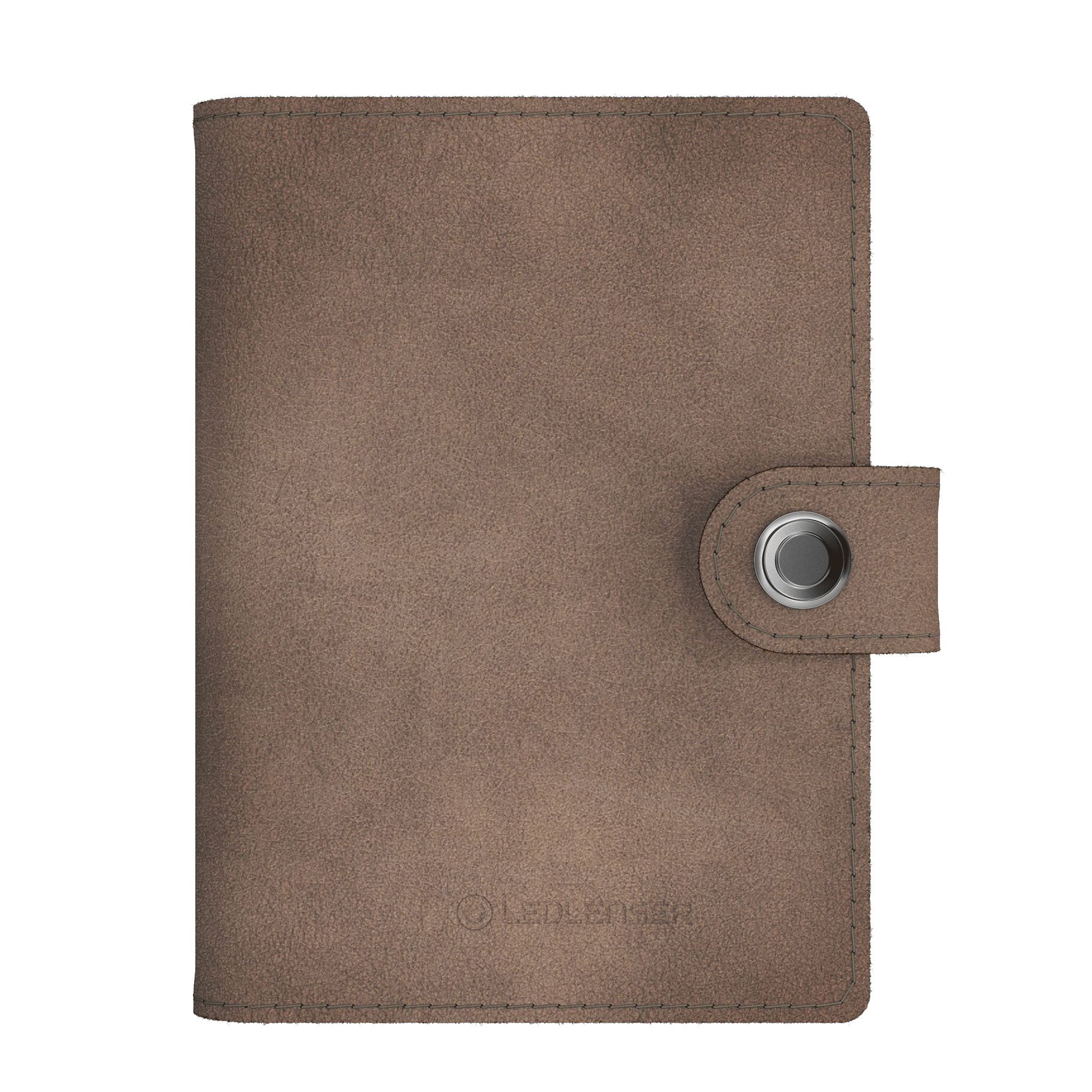 Ledlenser Lite Wallet® brown leather wallet with circular metal snap closure on strap and subtle embossed logo