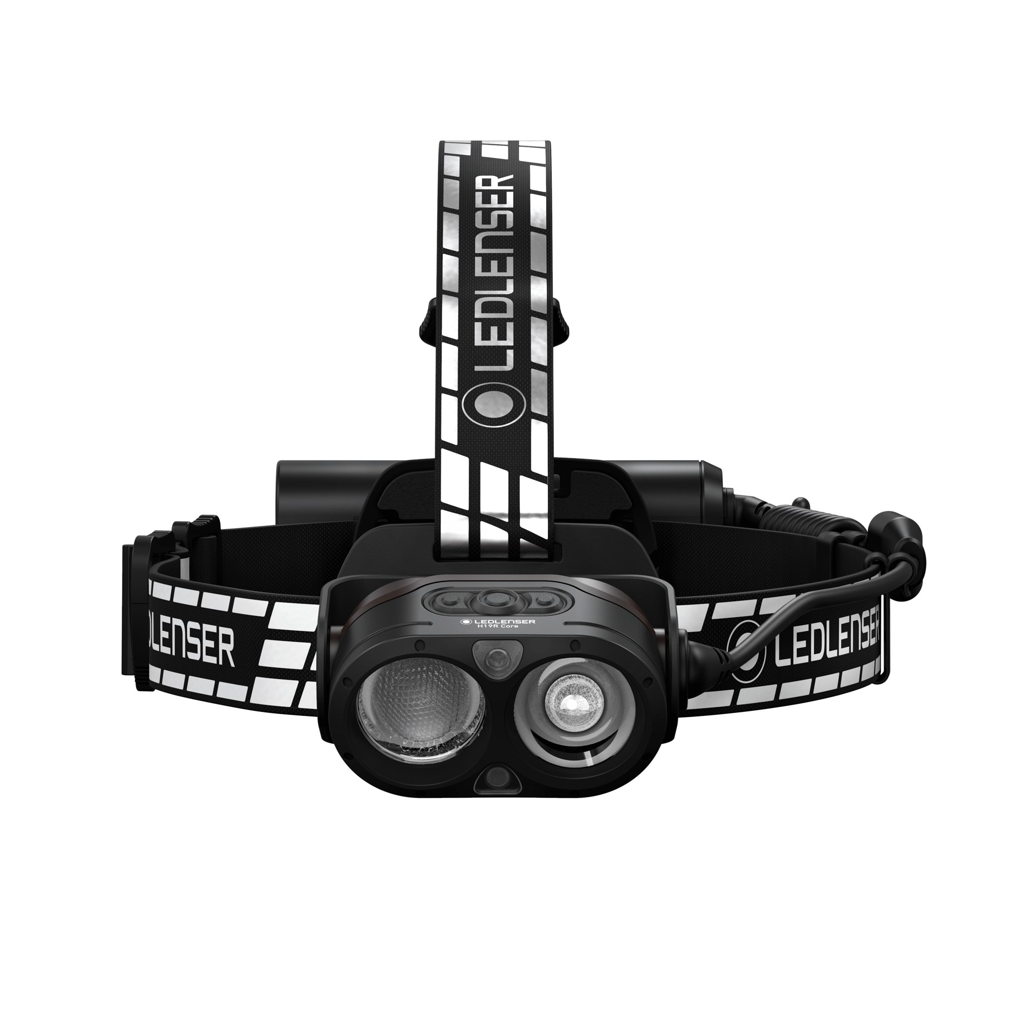 H19R Signature Headlamp featuring dual LED modules black body with adjustable headband and branded Ledlenser strap front view