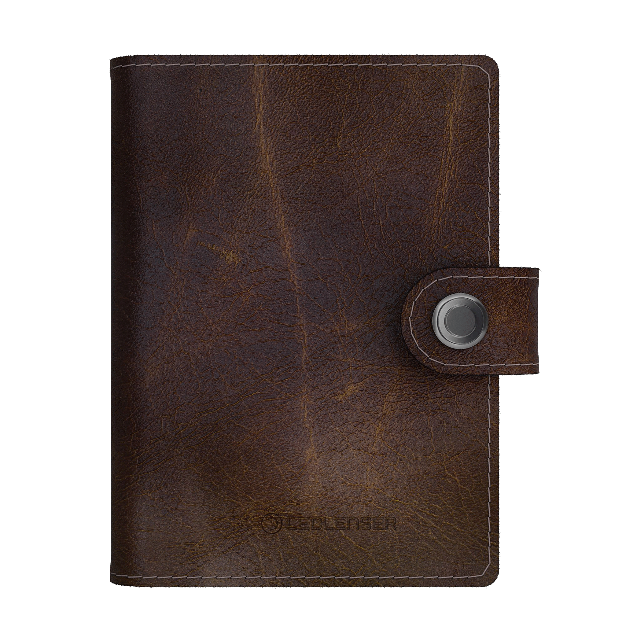 Lite Wallet® leather wallet in dark brown with snap tab and metal snap closure Ledlenser embossed on front
