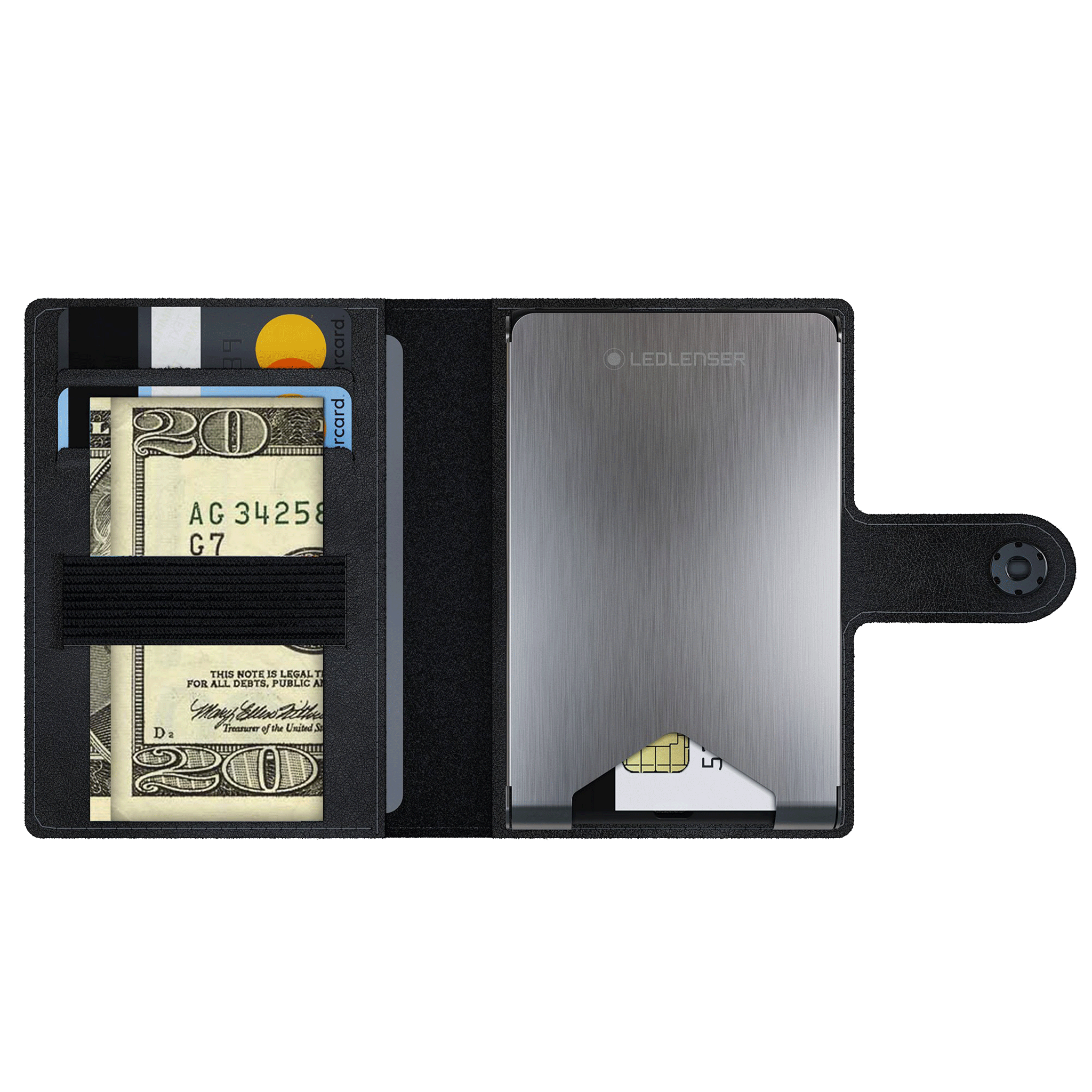 Lite Wallet® open view showing card slots with cards and cash on left and a brushed metal Ledlenser case on the right