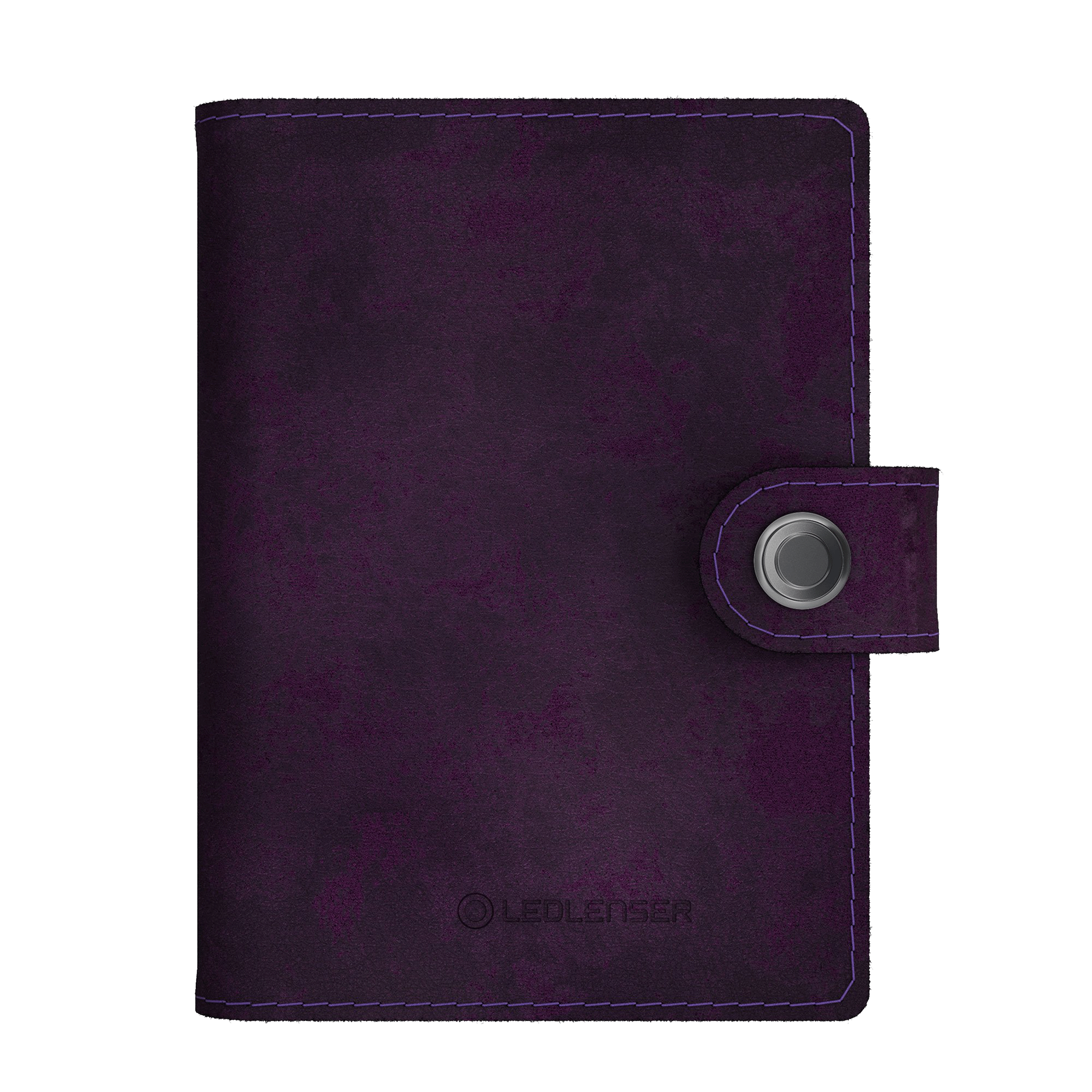 Lite Wallet® purple leather wallet with purple stitching snap closure and Ledlenser embossing