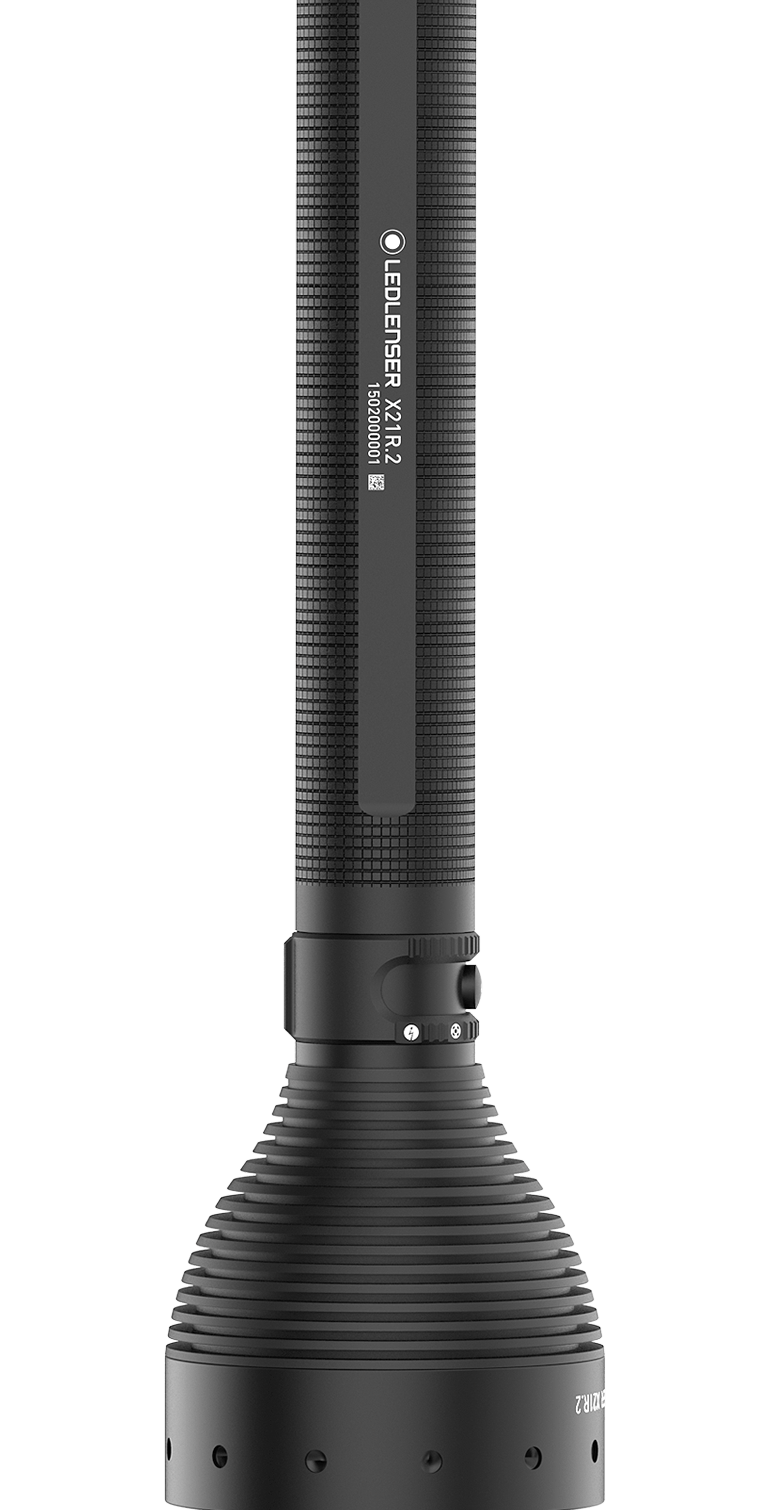 Ledlenser X21R 2 Rechargeable Torch vertical close up showing black textured body with logo and model text along the shaft and ribbed head section