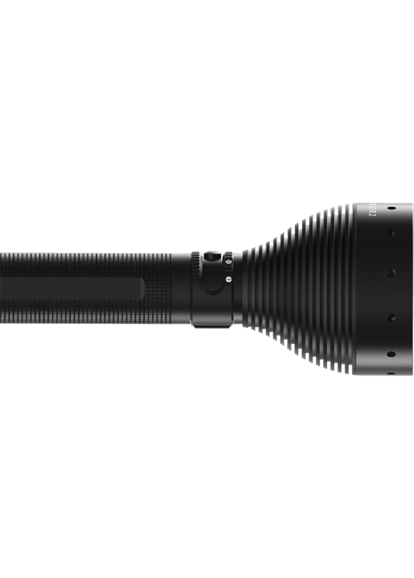 Ledlenser X21R 2 Rechargeable Torch seen from the side with long battery tube and ribbed head featuring cooling fins