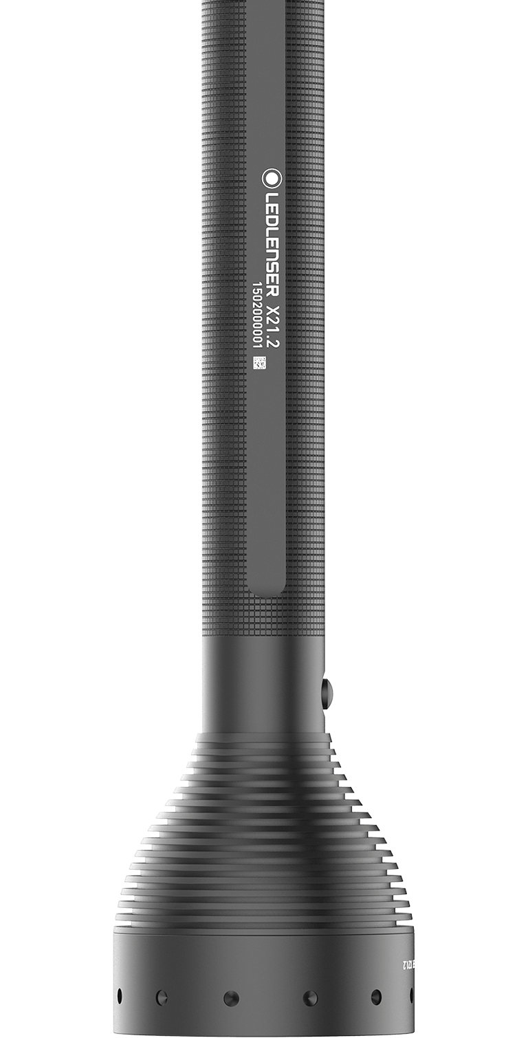 Ledlenser X21 2 Battery Operated Torch a full length black flashlight with textured grip and ridged base bezel