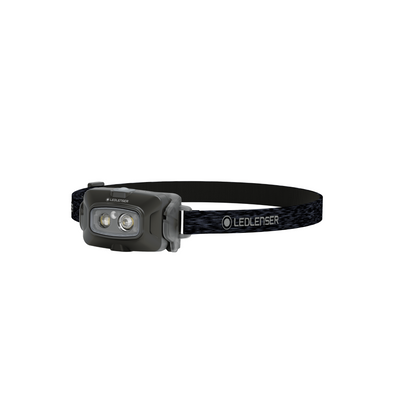Ledlenser HF4R Core Headlamp with dual LEDs on grey front housing and adjustable black patterned head strap
