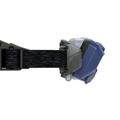 HF6R Core Headlamp viewed from the side mounted on a black nylon head strap with blue and gray housing and adjustment dial visible