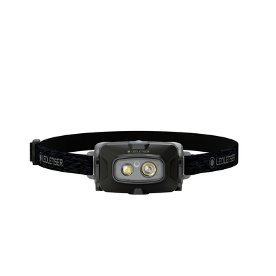 HF4R Core Headlamp by Ledlenser on a black adjustable headband with dual LEDs and central lens facing forward