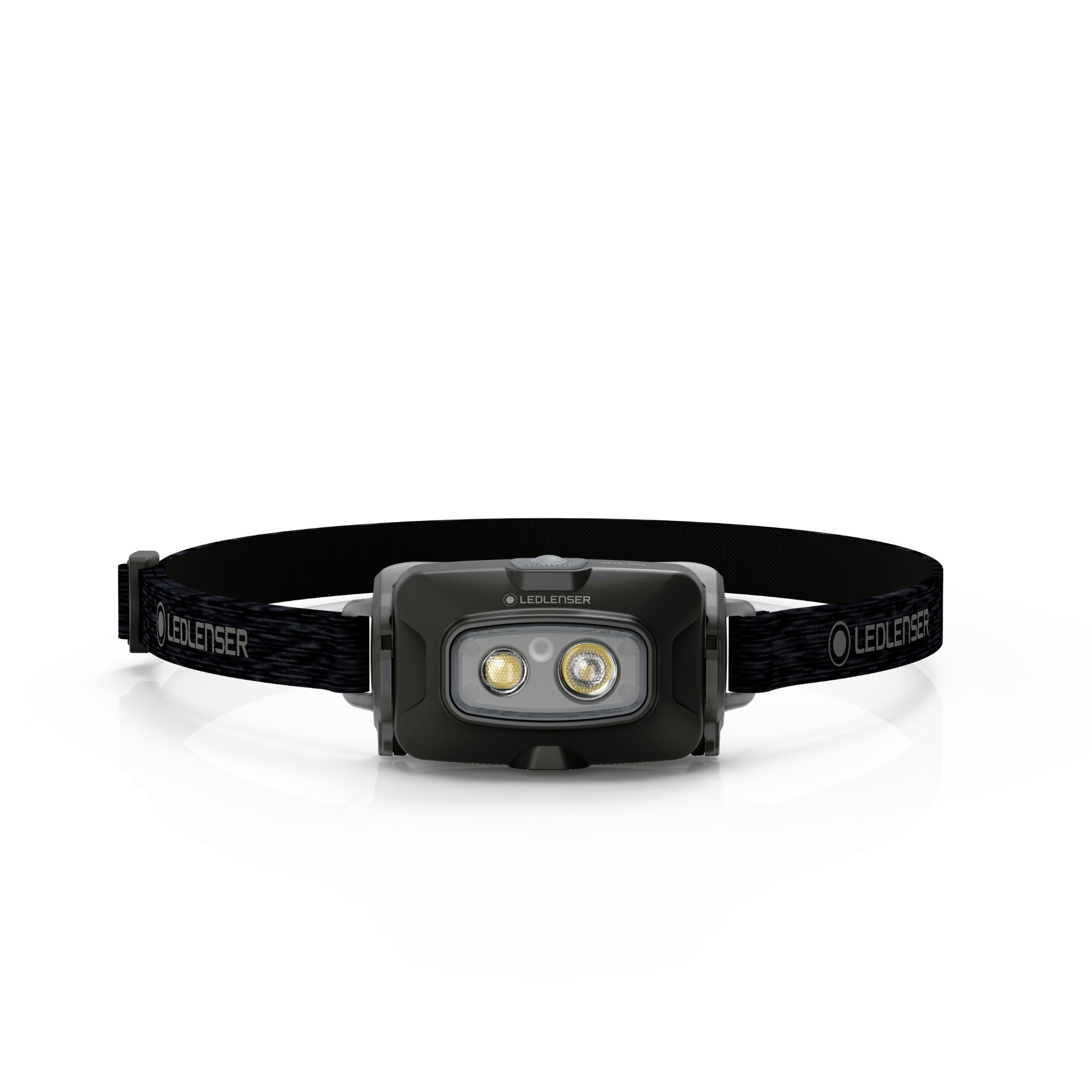 Ledlenser HF4R Core Headlamp mounted on adjustable headband with dual LEDs black and gray housing