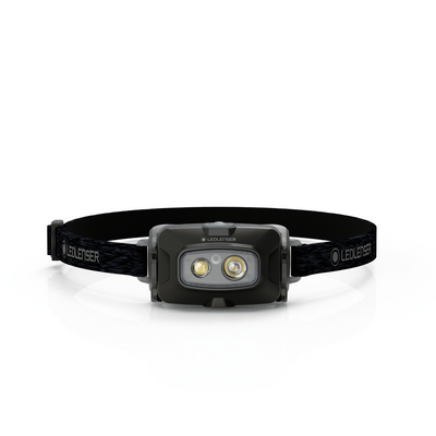 Ledlenser HF4R Core Headlamp mounted on adjustable headband with dual LEDs black and gray housing