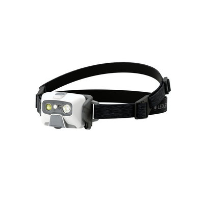 Ledlenser HF6R Core Headlamp with white body and black adjustable headband front dual LED modules and mounted on head