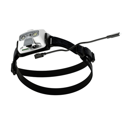 HF6R Core Headlamp by Ledlenser mounted on adjustable head strap with dual LEDs and charging cable visible