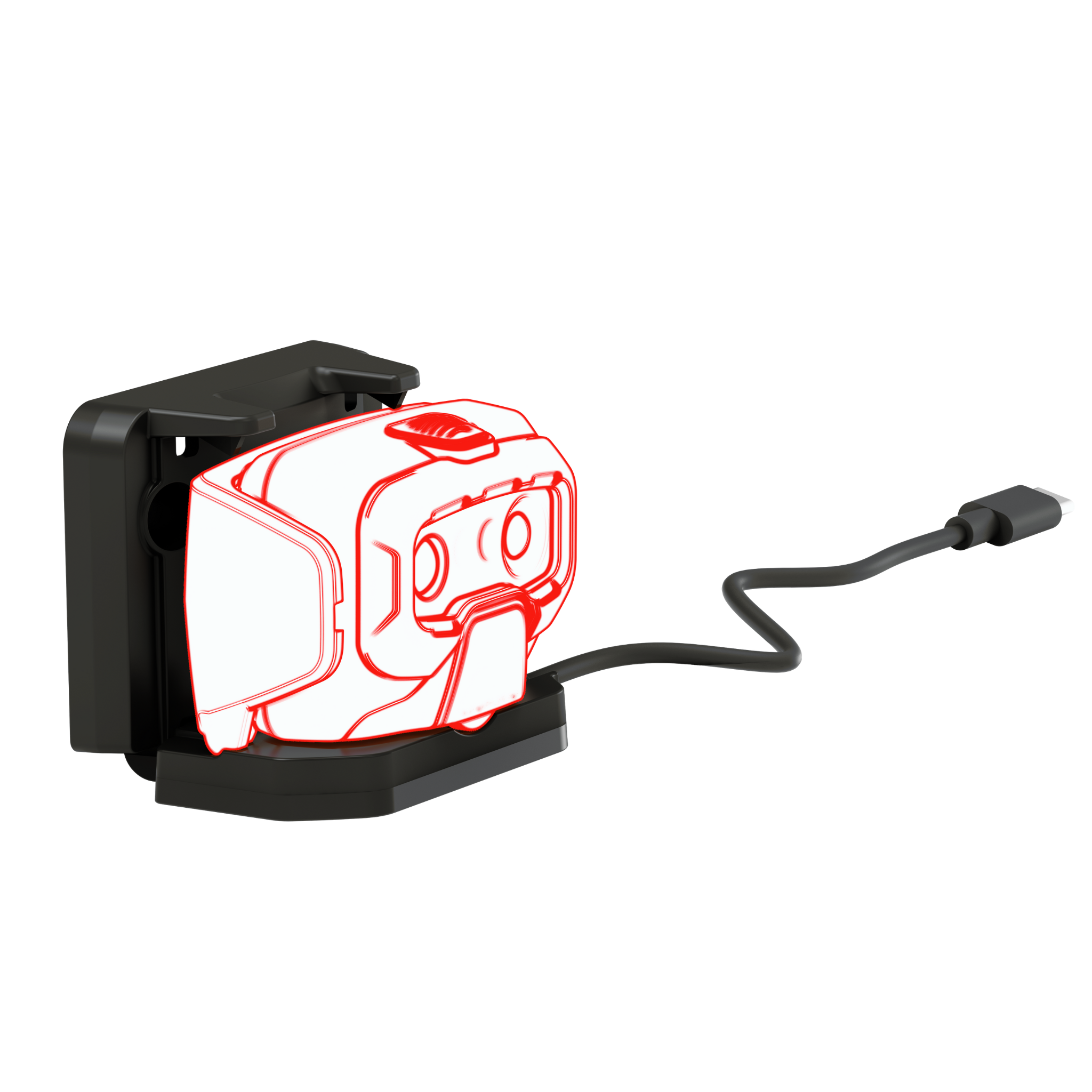 HF6R Signature Headlamp resting in its charging dock with a USB C cable attached displayed in a stand alone setup