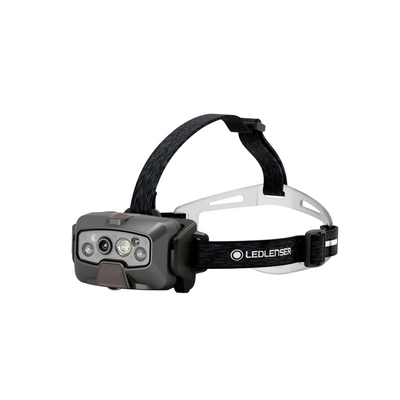 Ledlenser HF8R Signature Headlamp with dark grey housing and adjustable black headband worn on head