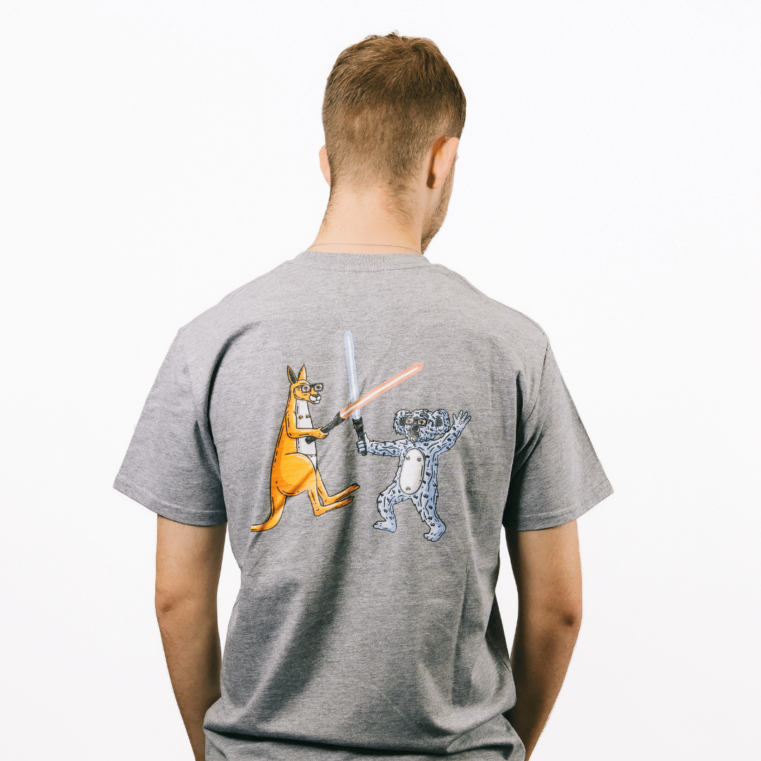 Mulga x Ledlenser Unisex Tee Aussie Animalia back view of grey cotton tee featuring cartoon kangaroo and koala wielding lightsabers