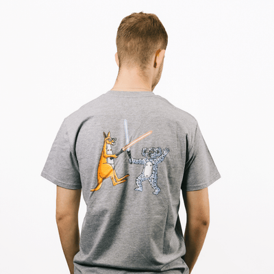 Mulga x Ledlenser Unisex Tee Aussie Animalia back view of grey cotton tee featuring cartoon kangaroo and koala wielding lightsabers