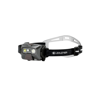 Ledlenser HF6R Signature Headlamp with black headband and grey front housing shown in side profile