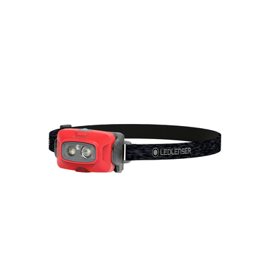 HF4R Core Headlamp by Ledlenser with red housing and black headband shown in side view