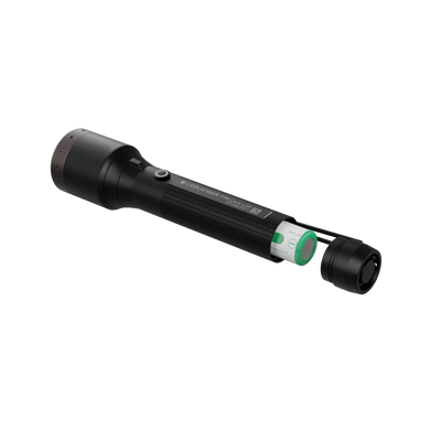 Ledlenser P9R LEP Torch shown disassembled with battery module and magnetic tail cap separated from the body