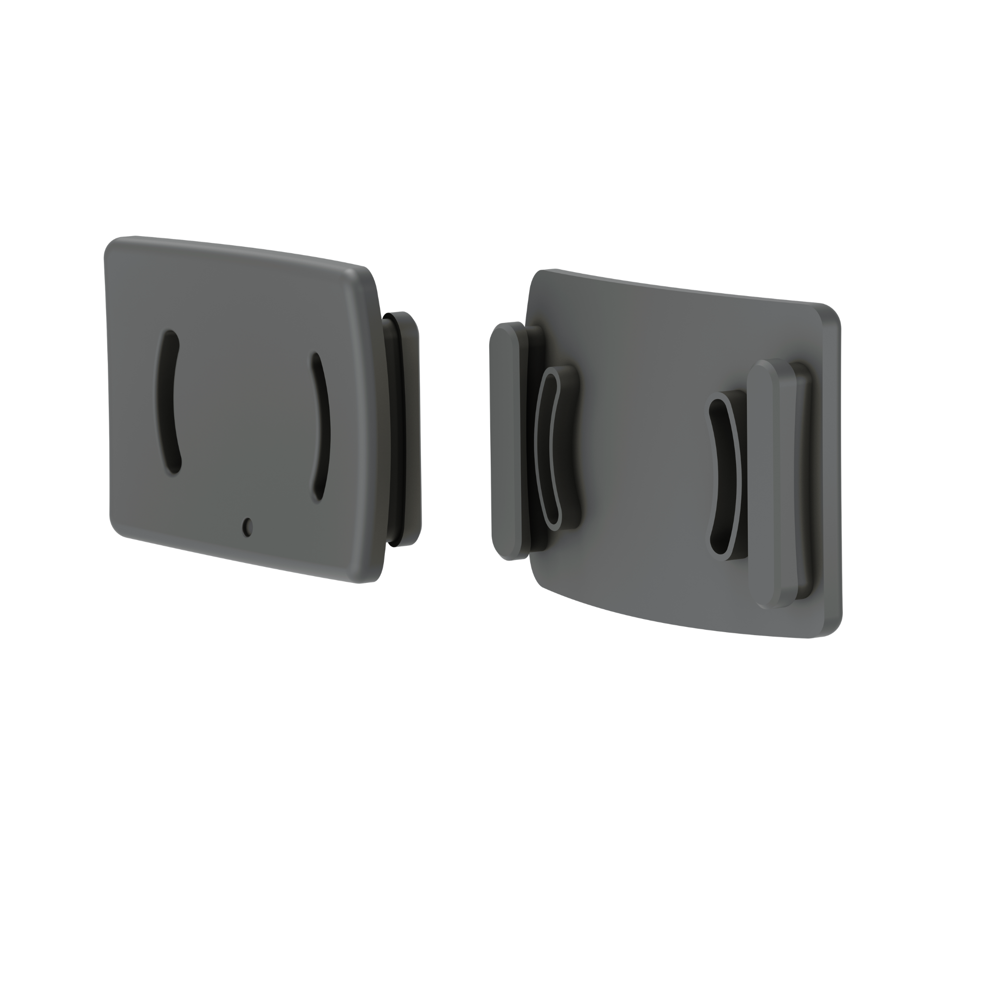 HF6R Core Headlamp mounting brackets in dark grey shown side by side with clip fasteners